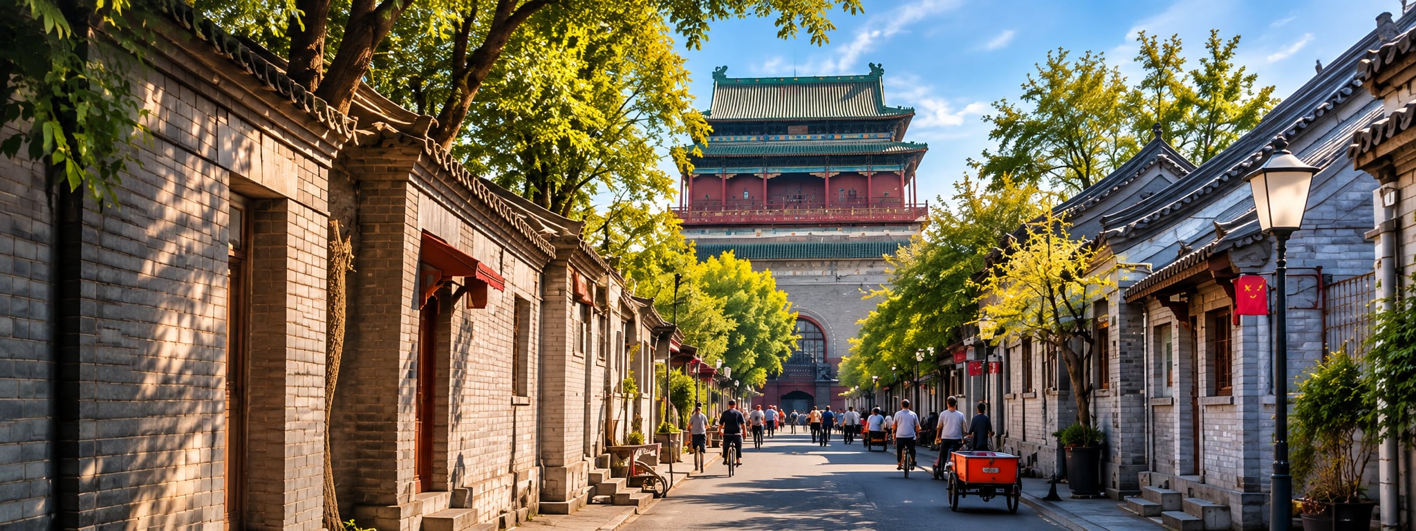Hutong lane leading toward a historic Beijing tower