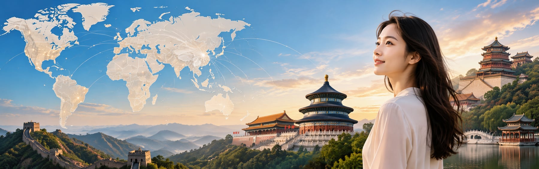 World map and Beijing traveler portrait